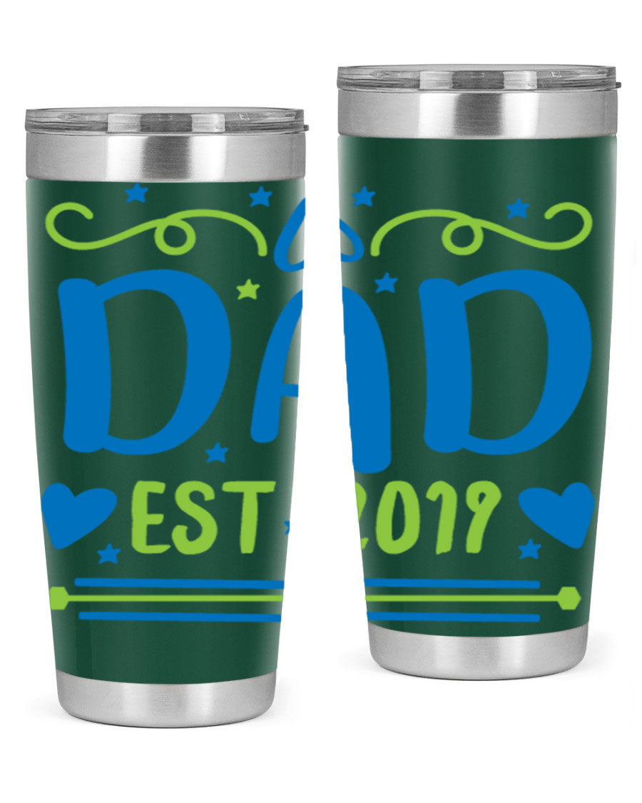 A stylish 'Dad est 99#' tumbler in stainless steel, showcasing its double wall vacuum design and drink-thru lid.