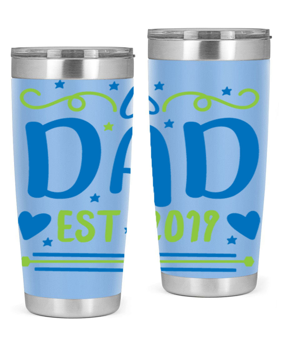 A stylish 'Dad est 99#' tumbler in stainless steel, showcasing its double wall vacuum design and drink-thru lid.
