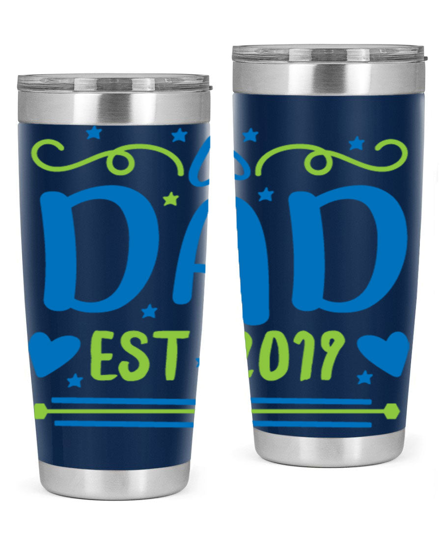 A stylish 'Dad est 99#' tumbler in stainless steel, showcasing its double wall vacuum design and drink-thru lid.