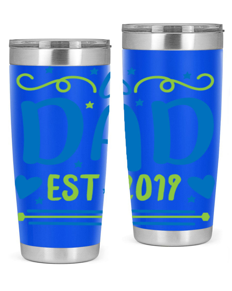 A stylish 'Dad est 99#' tumbler in stainless steel, showcasing its double wall vacuum design and drink-thru lid.