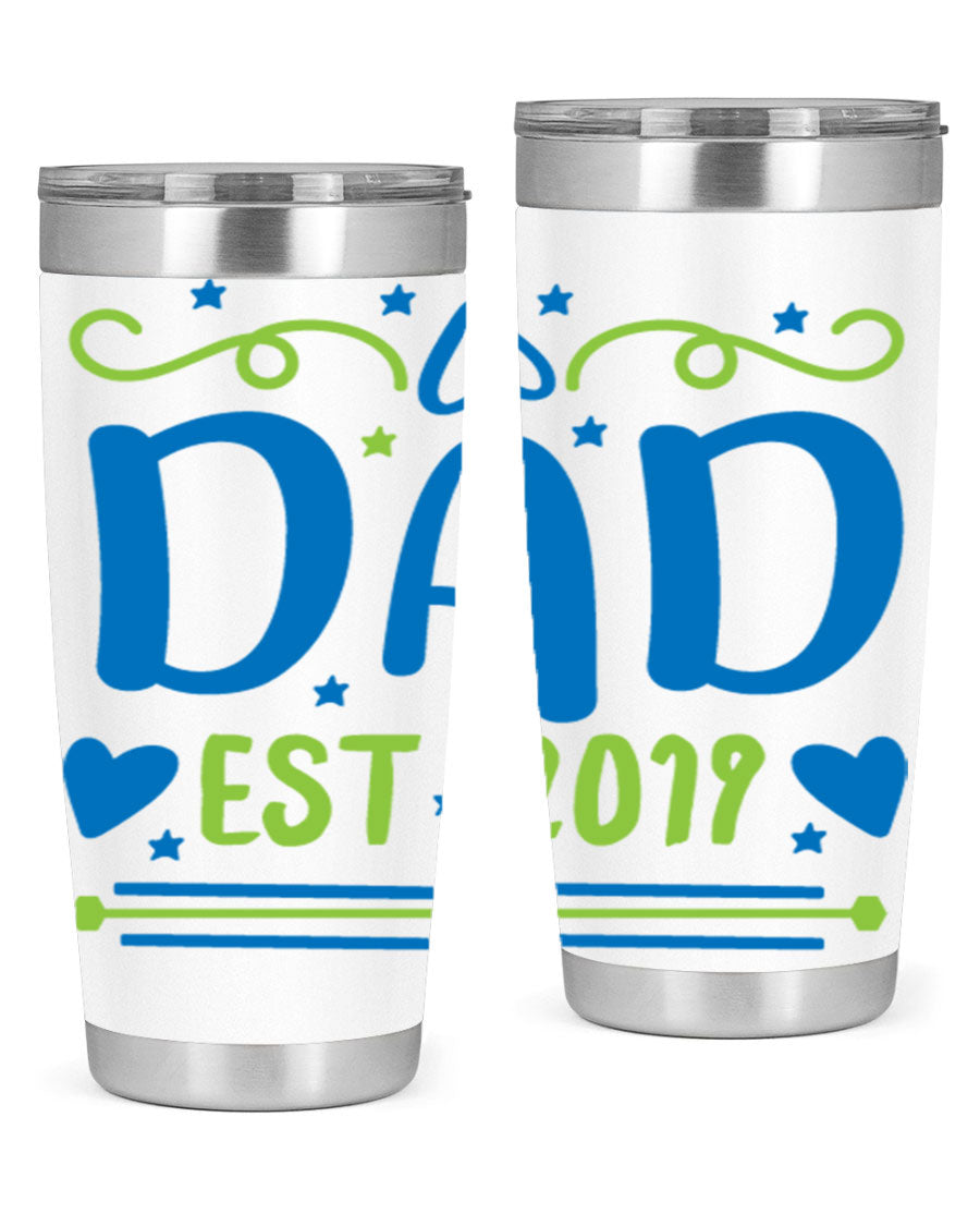 A stylish 'Dad est 99#' tumbler in stainless steel, showcasing its double wall vacuum design and drink-thru lid.