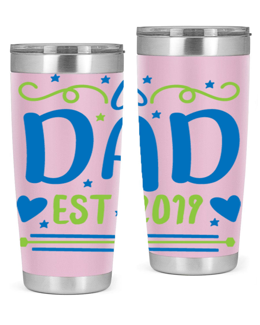 A stylish 'Dad est 99#' tumbler in stainless steel, showcasing its double wall vacuum design and drink-thru lid.