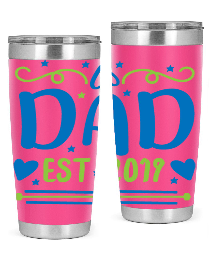 A stylish 'Dad est 99#' tumbler in stainless steel, showcasing its double wall vacuum design and drink-thru lid.