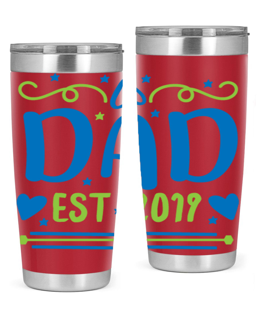 A stylish 'Dad est 99#' tumbler in stainless steel, showcasing its double wall vacuum design and drink-thru lid.