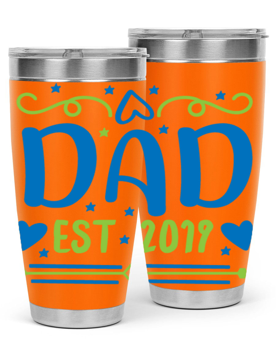 A stylish 'Dad est 99#' tumbler in stainless steel, showcasing its double wall vacuum design and drink-thru lid.