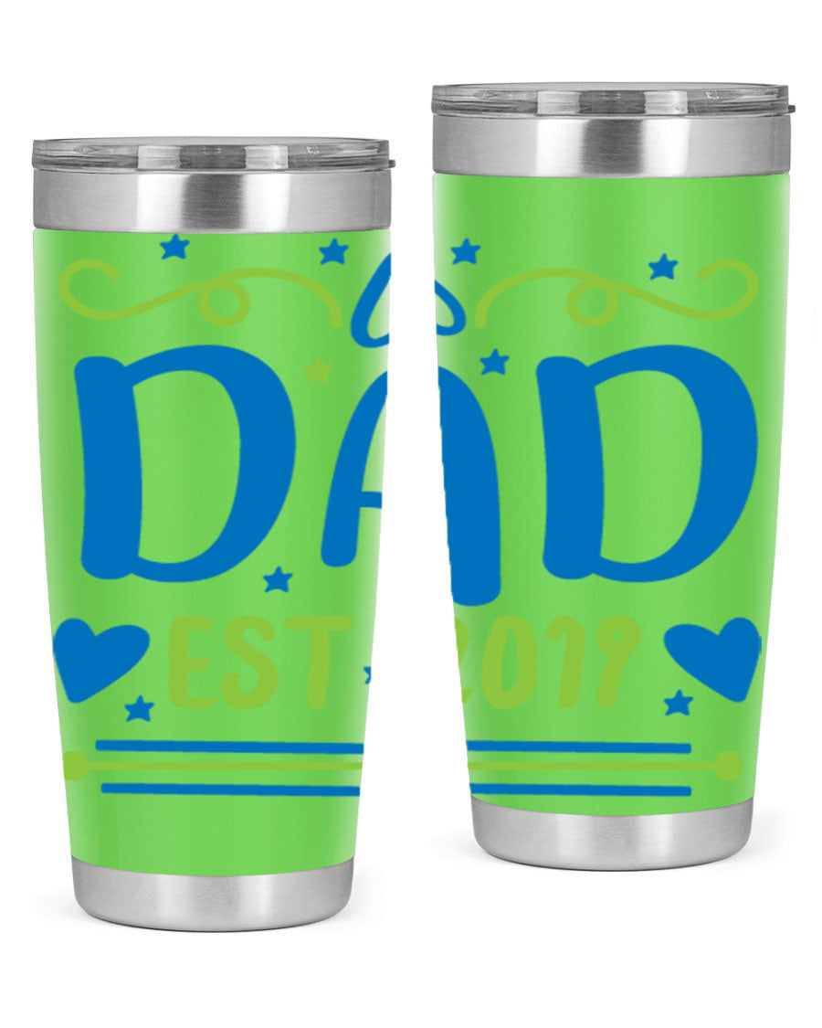 A stylish 'Dad est 99#' tumbler in stainless steel, showcasing its double wall vacuum design and drink-thru lid.