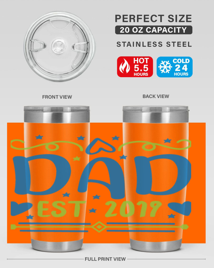 A stylish 'Dad est 99#' tumbler in stainless steel, showcasing its double wall vacuum design and drink-thru lid.