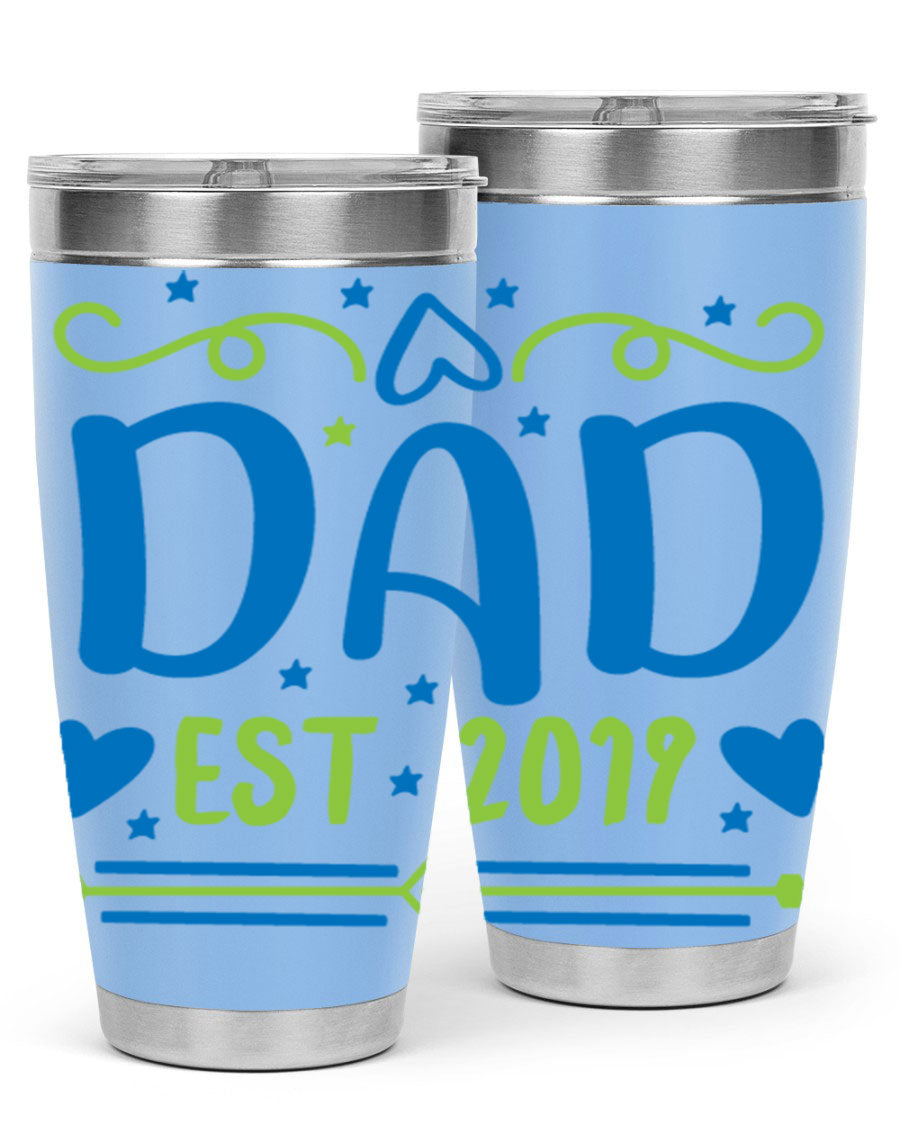 A stylish 'Dad est 99#' tumbler in stainless steel, showcasing its double wall vacuum design and drink-thru lid.
