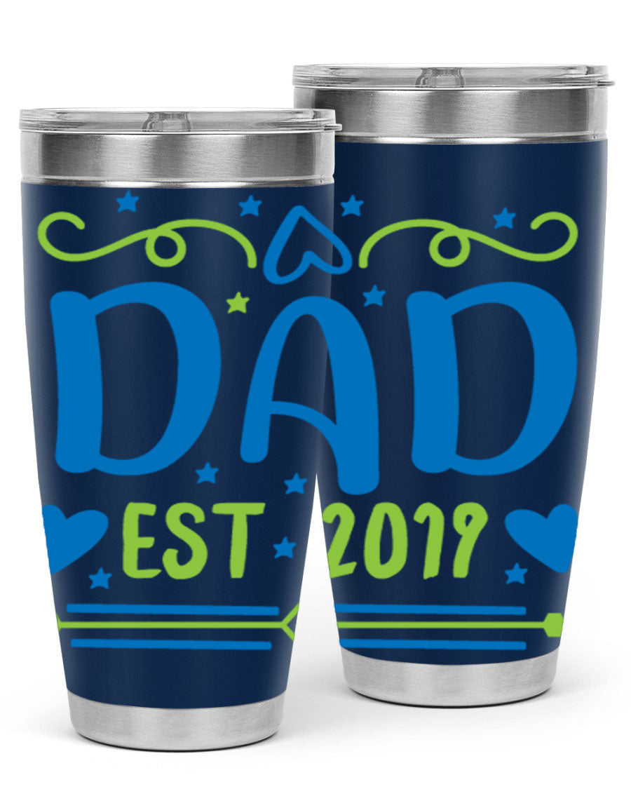 A stylish 'Dad est 99#' tumbler in stainless steel, showcasing its double wall vacuum design and drink-thru lid.