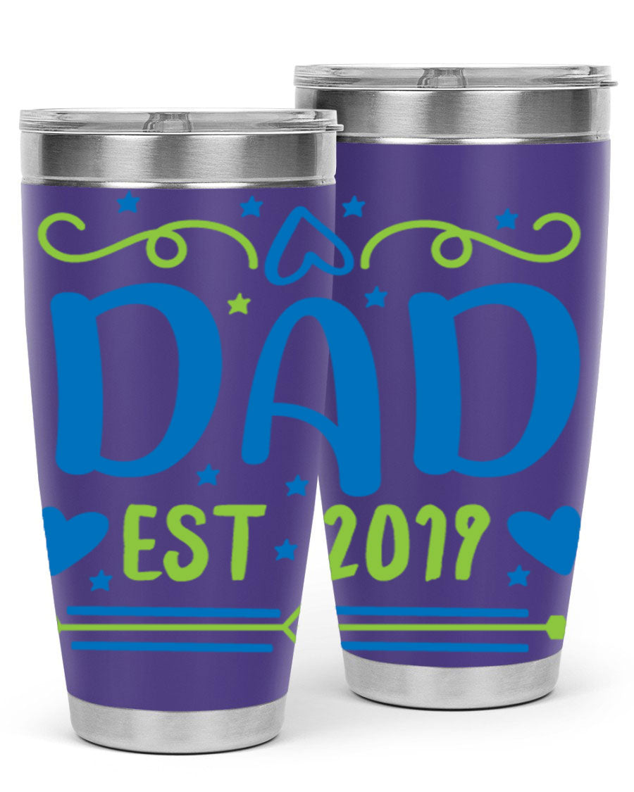 A stylish 'Dad est 99#' tumbler in stainless steel, showcasing its double wall vacuum design and drink-thru lid.