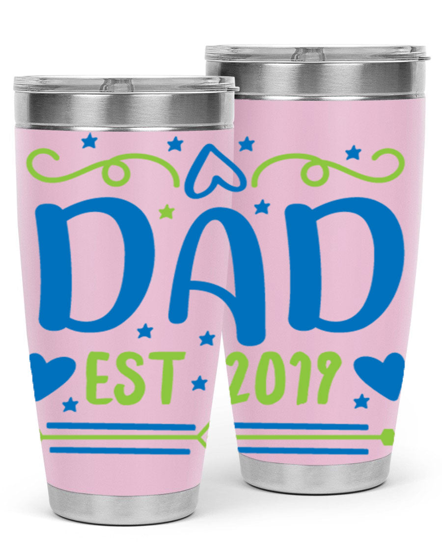 A stylish 'Dad est 99#' tumbler in stainless steel, showcasing its double wall vacuum design and drink-thru lid.