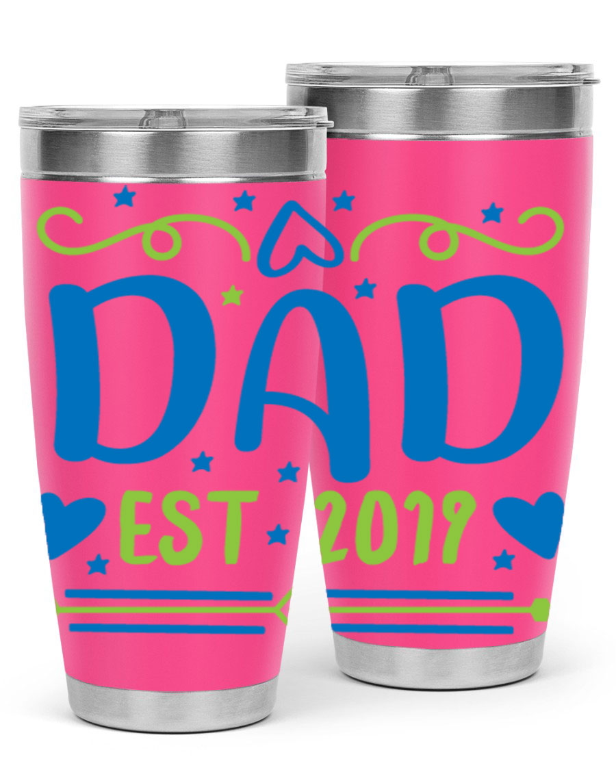 A stylish 'Dad est 99#' tumbler in stainless steel, showcasing its double wall vacuum design and drink-thru lid.