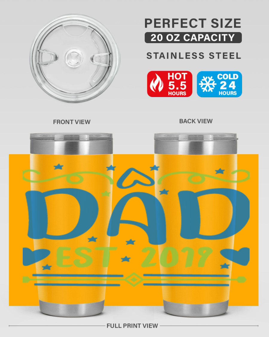 A stylish 'Dad est 99#' tumbler in stainless steel, showcasing its double wall vacuum design and drink-thru lid.