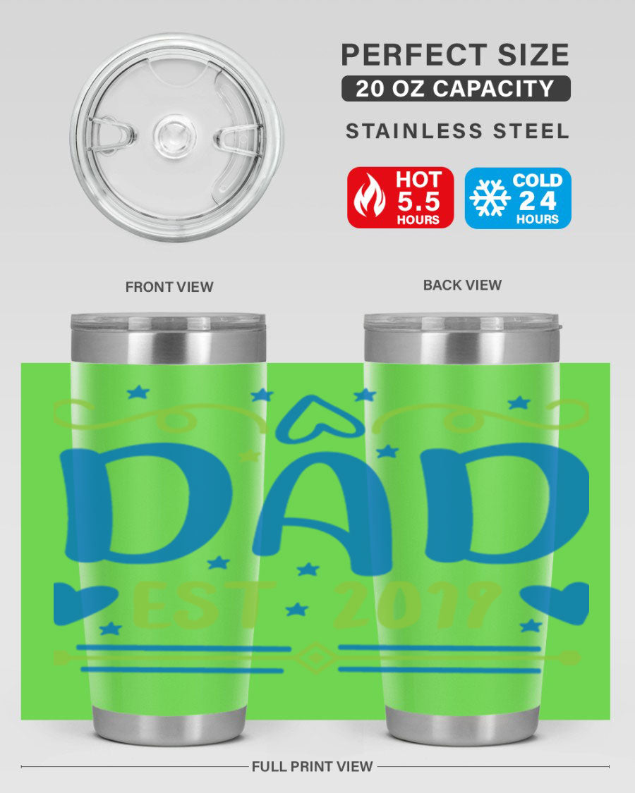 A stylish 'Dad est 99#' tumbler in stainless steel, showcasing its double wall vacuum design and drink-thru lid.