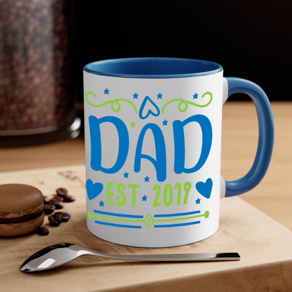 A stylish dad est 99# mug with a colored handle and glossy finish, available in multiple colors and sizes.
