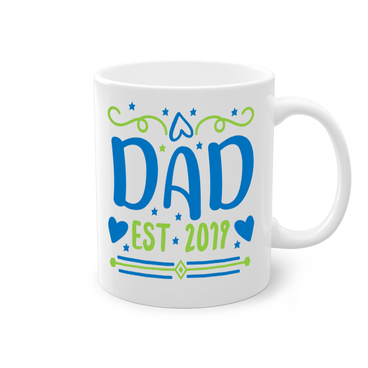 A stylish dad est 99# mug with a colored handle and glossy finish, available in multiple colors and sizes.