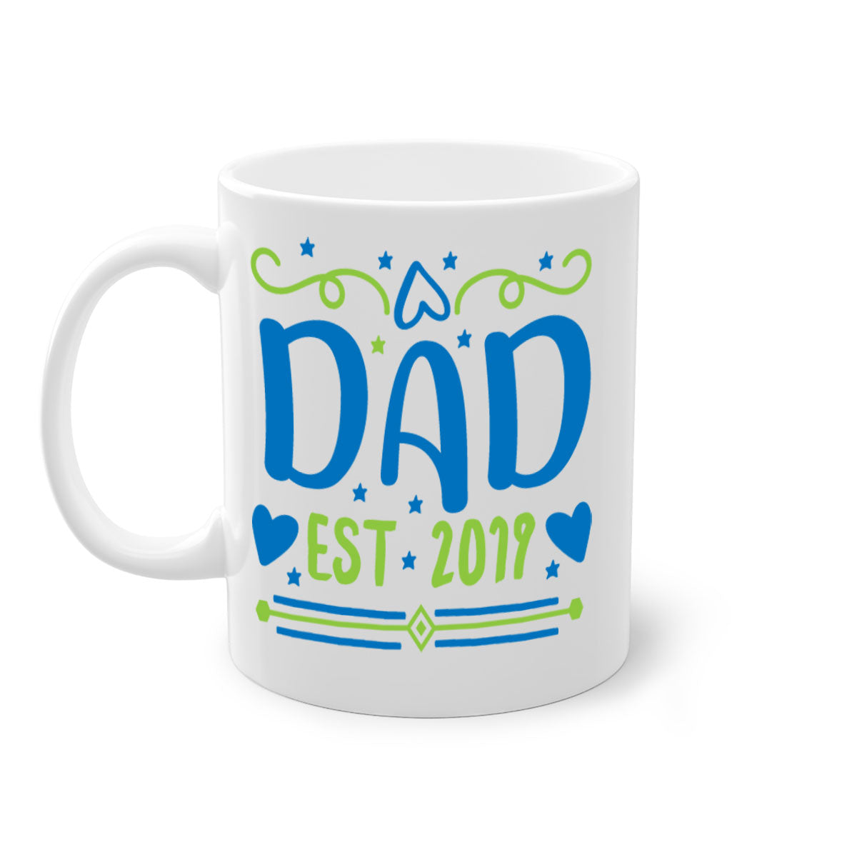 A stylish dad est 99# mug with a colored handle and glossy finish, available in multiple colors and sizes.