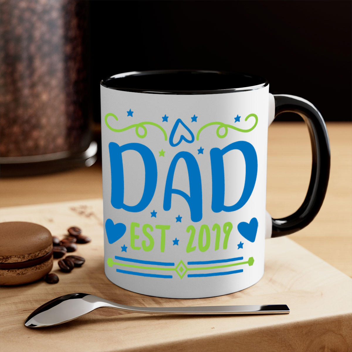 A stylish dad est 99# mug with a colored handle and glossy finish, available in multiple colors and sizes.