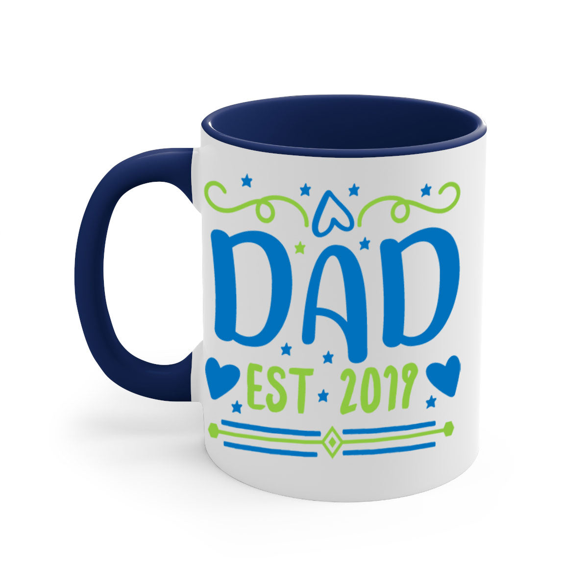 A stylish dad est 99# mug with a colored handle and glossy finish, available in multiple colors and sizes.
