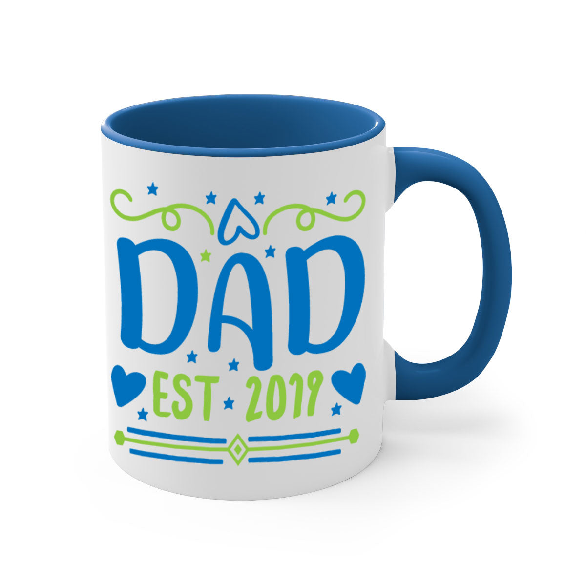 A stylish dad est 99# mug with a colored handle and glossy finish, available in multiple colors and sizes.