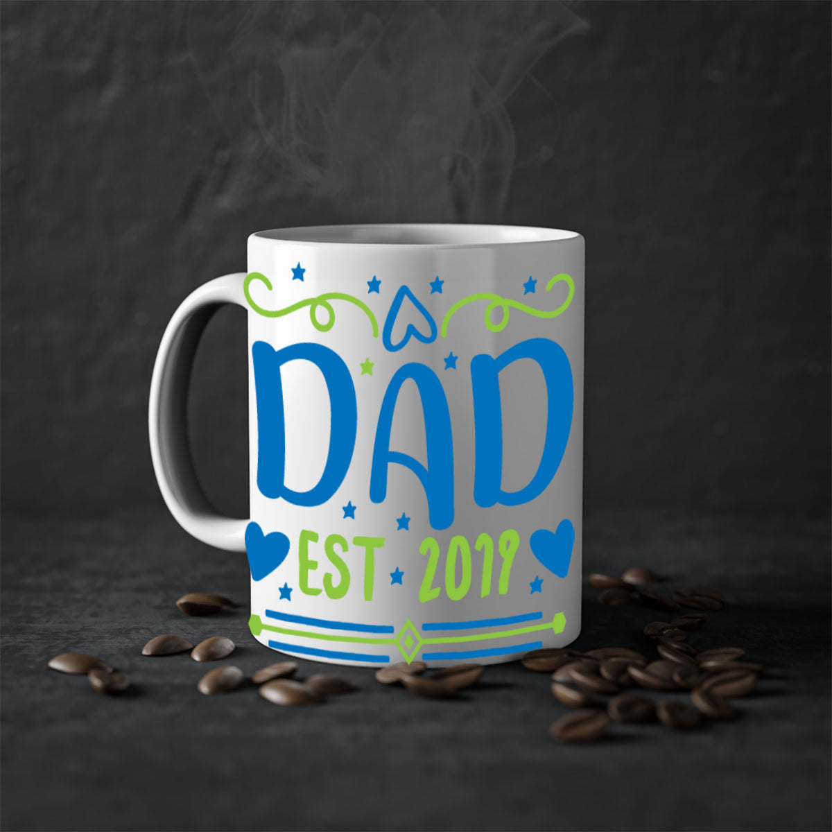 A stylish dad est 99# mug with a colored handle and glossy finish, available in multiple colors and sizes.