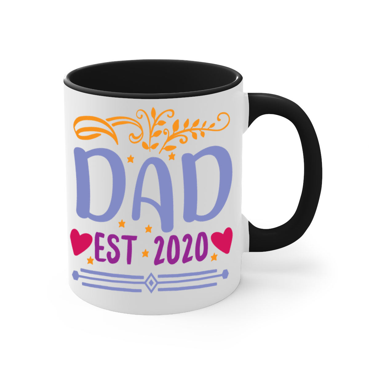 A stylish dad est 98# mug featuring a glossy finish, colored handle, and interior, available in five vibrant colors.