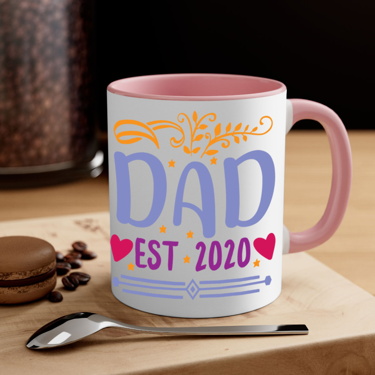 A stylish dad est 98# mug featuring a glossy finish, colored handle, and interior, available in five vibrant colors.