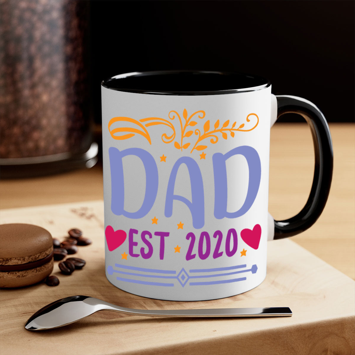 A stylish dad est 98# mug featuring a glossy finish, colored handle, and interior, available in five vibrant colors.