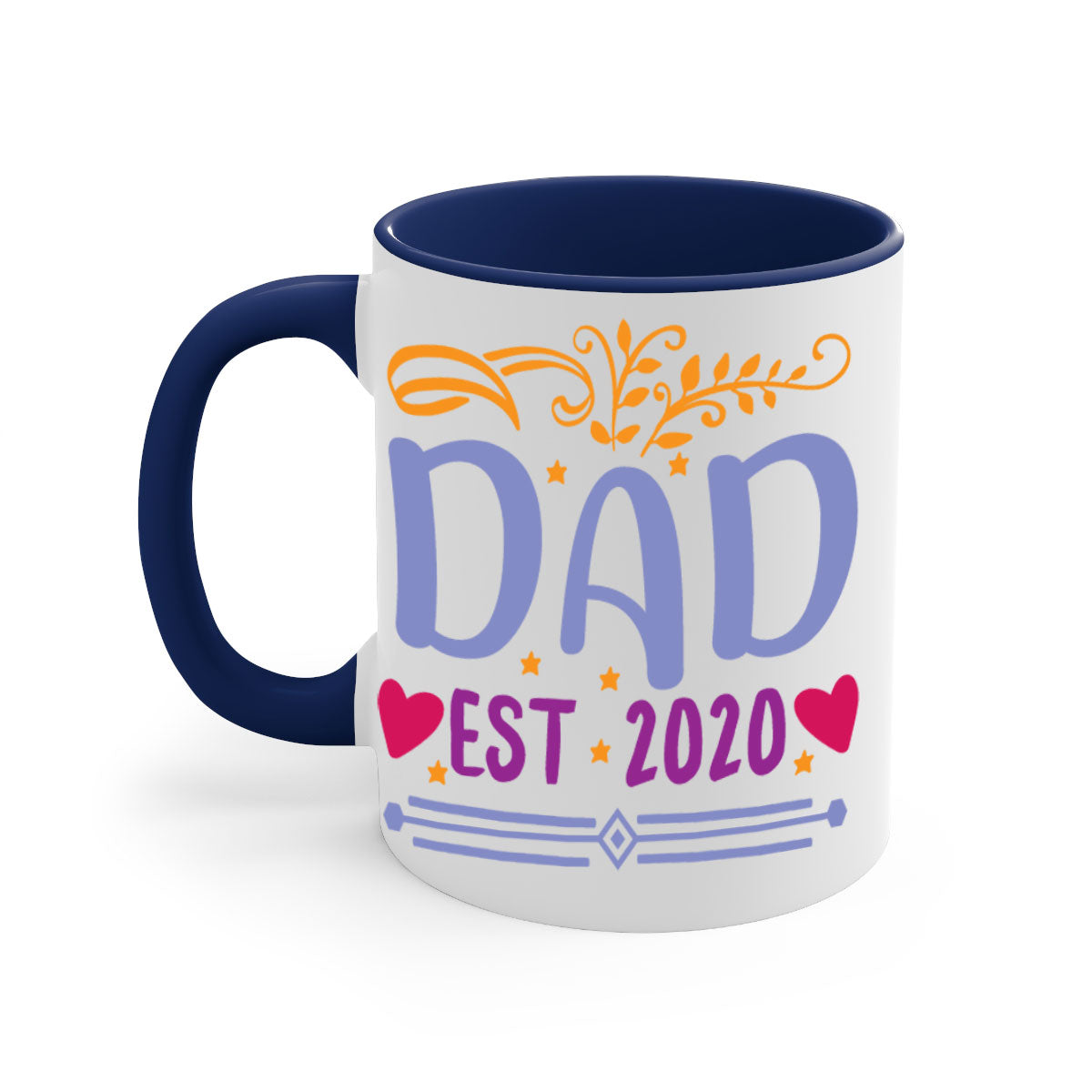 A stylish dad est 98# mug featuring a glossy finish, colored handle, and interior, available in five vibrant colors.