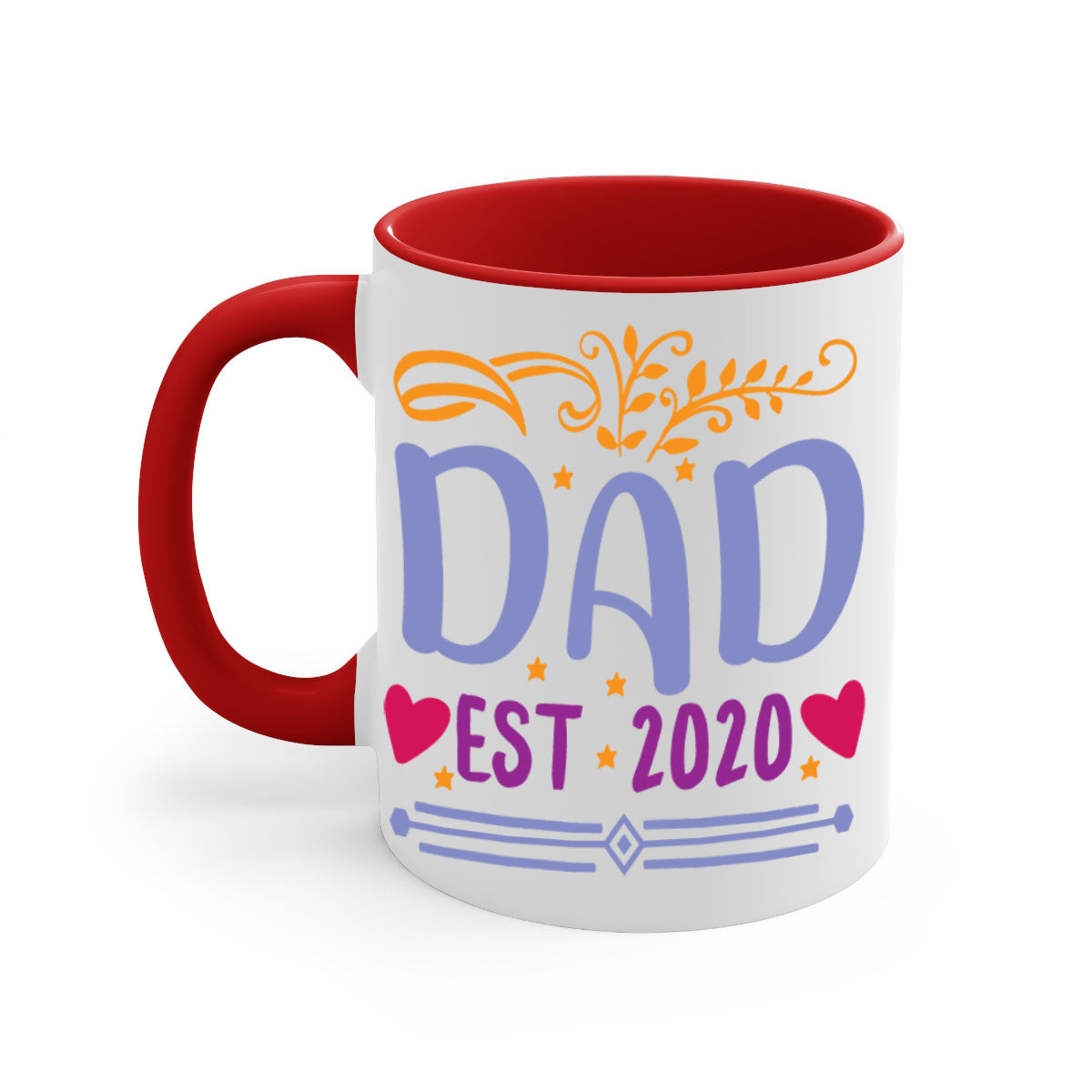 A stylish dad est 98# mug featuring a glossy finish, colored handle, and interior, available in five vibrant colors.
