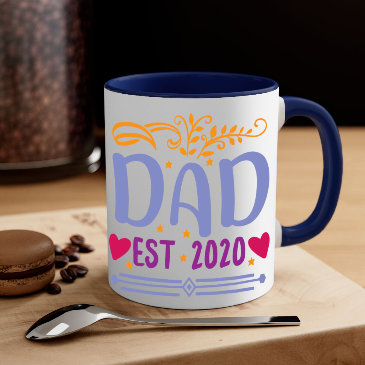 A stylish dad est 98# mug featuring a glossy finish, colored handle, and interior, available in five vibrant colors.