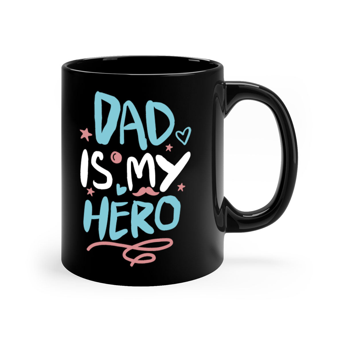A two-tone 'Dad is My Hero' mug featuring a glossy finish, colored handle, and interior, available in five colors.