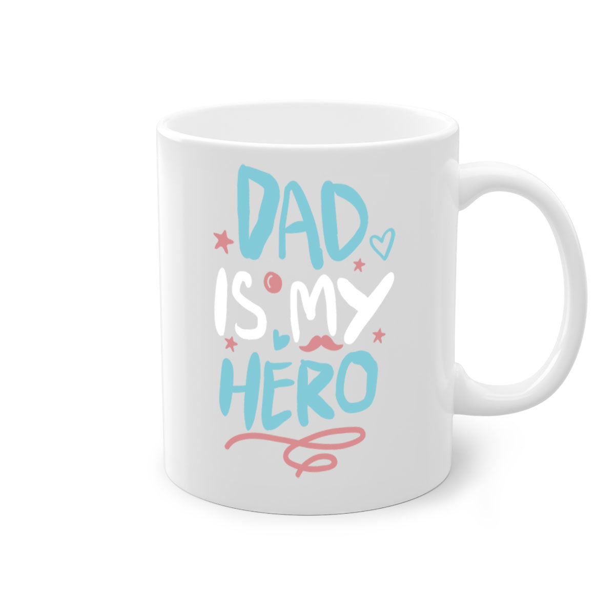 A two-tone 'Dad is My Hero' mug featuring a glossy finish, colored handle, and interior, available in five colors.