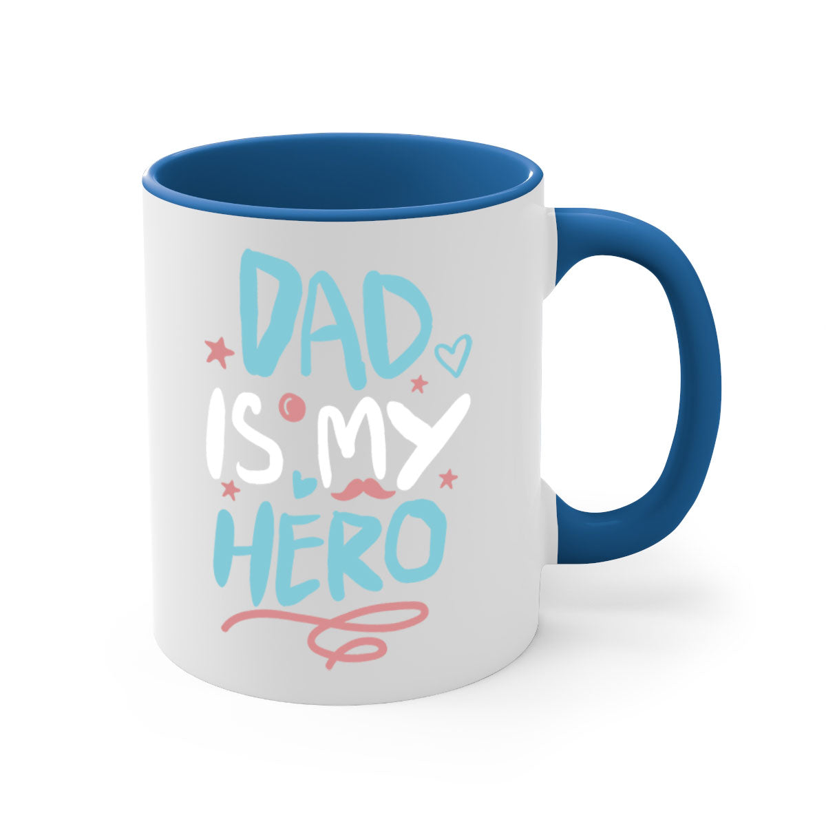 A two-tone 'Dad is My Hero' mug featuring a glossy finish, colored handle, and interior, available in five colors.