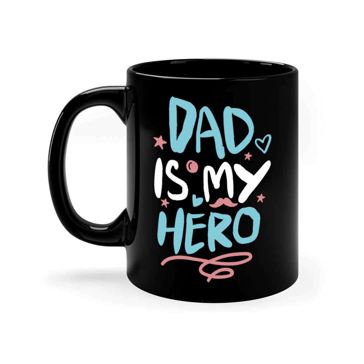 A two-tone 'Dad is My Hero' mug featuring a glossy finish, colored handle, and interior, available in five colors.