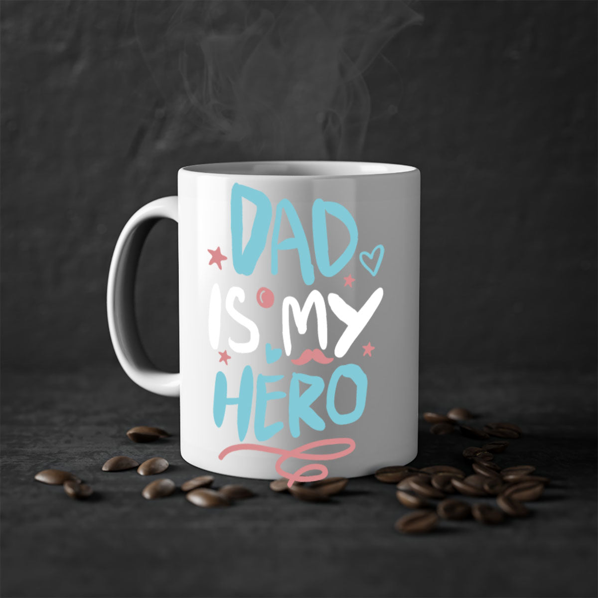 A two-tone 'Dad is My Hero' mug featuring a glossy finish, colored handle, and interior, available in five colors.
