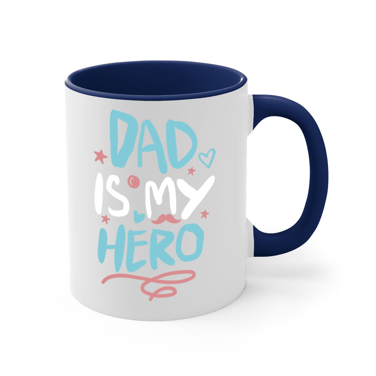 A two-tone 'Dad is My Hero' mug featuring a glossy finish, colored handle, and interior, available in five colors.