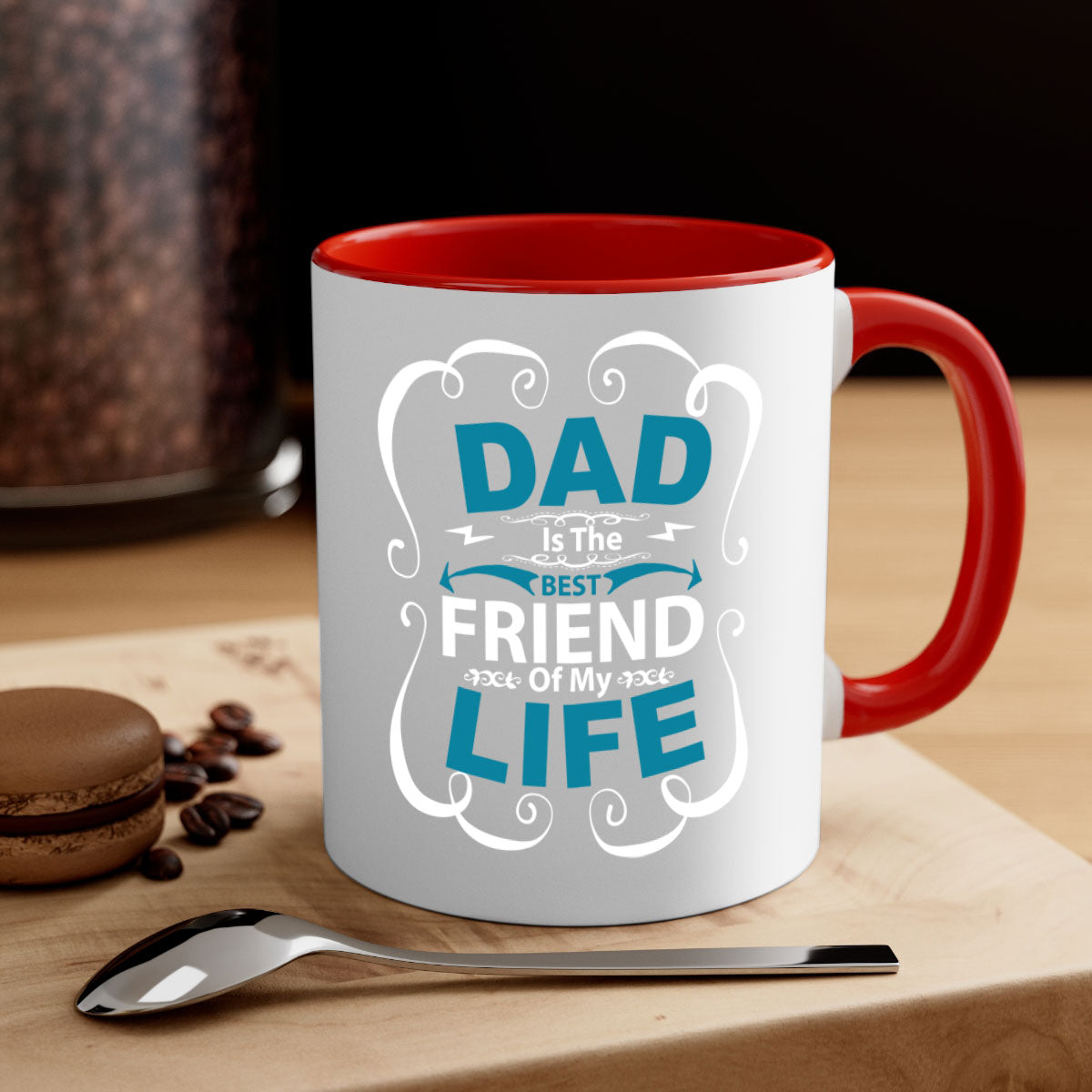 A stylish two-tone Dad is the best 55# Mug with a glossy finish, featuring a colored handle and interior, available in five colors.