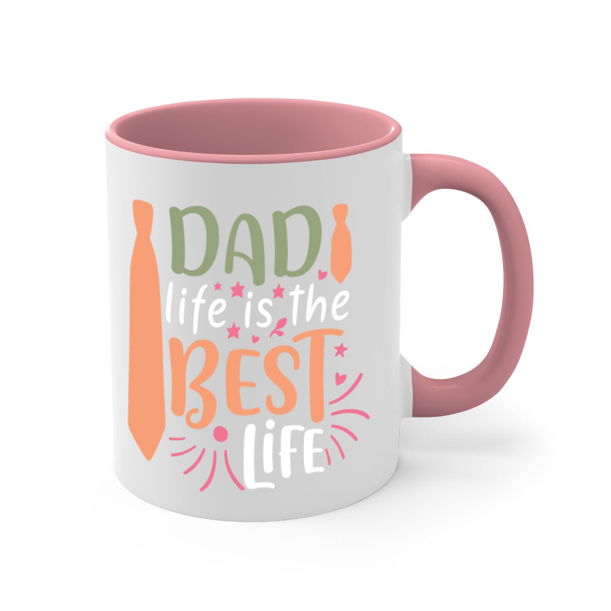 A two-tone ceramic mug featuring the phrase 'Dad Life is the Best Life' with a glossy finish and colored handle, available in multiple colors.