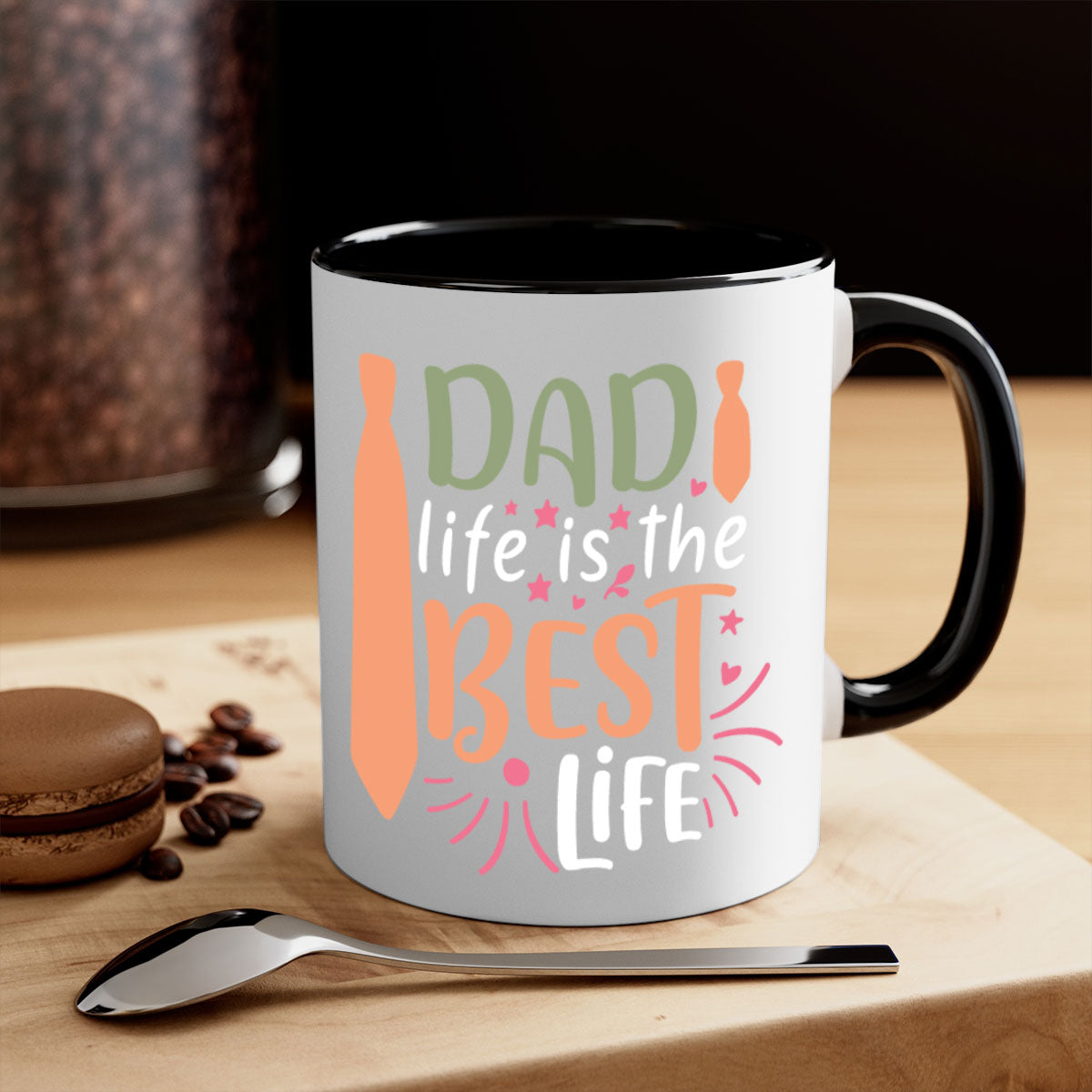A two-tone ceramic mug featuring the phrase 'Dad Life is the Best Life' with a glossy finish and colored handle, available in multiple colors.