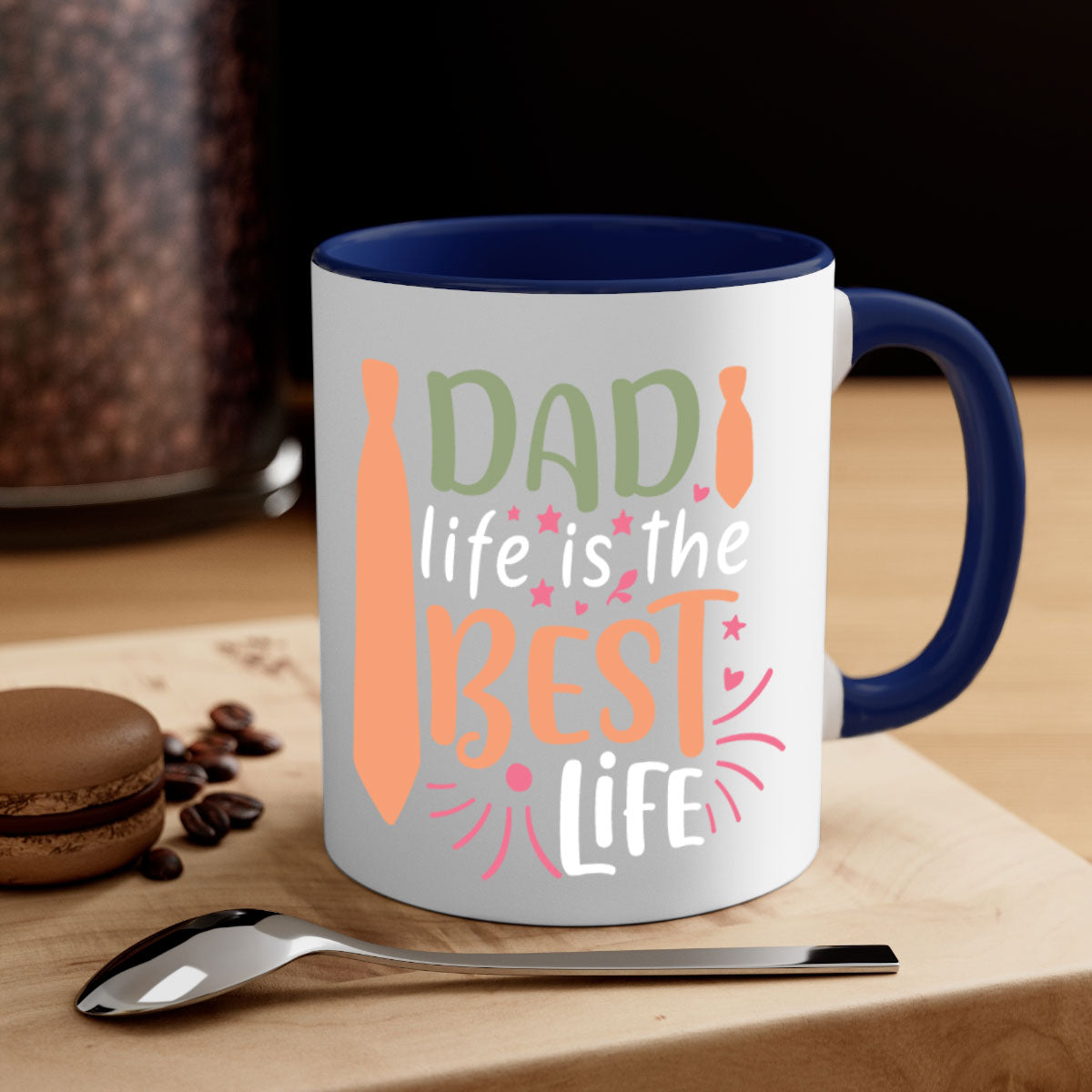 A two-tone ceramic mug featuring the phrase 'Dad Life is the Best Life' with a glossy finish and colored handle, available in multiple colors.