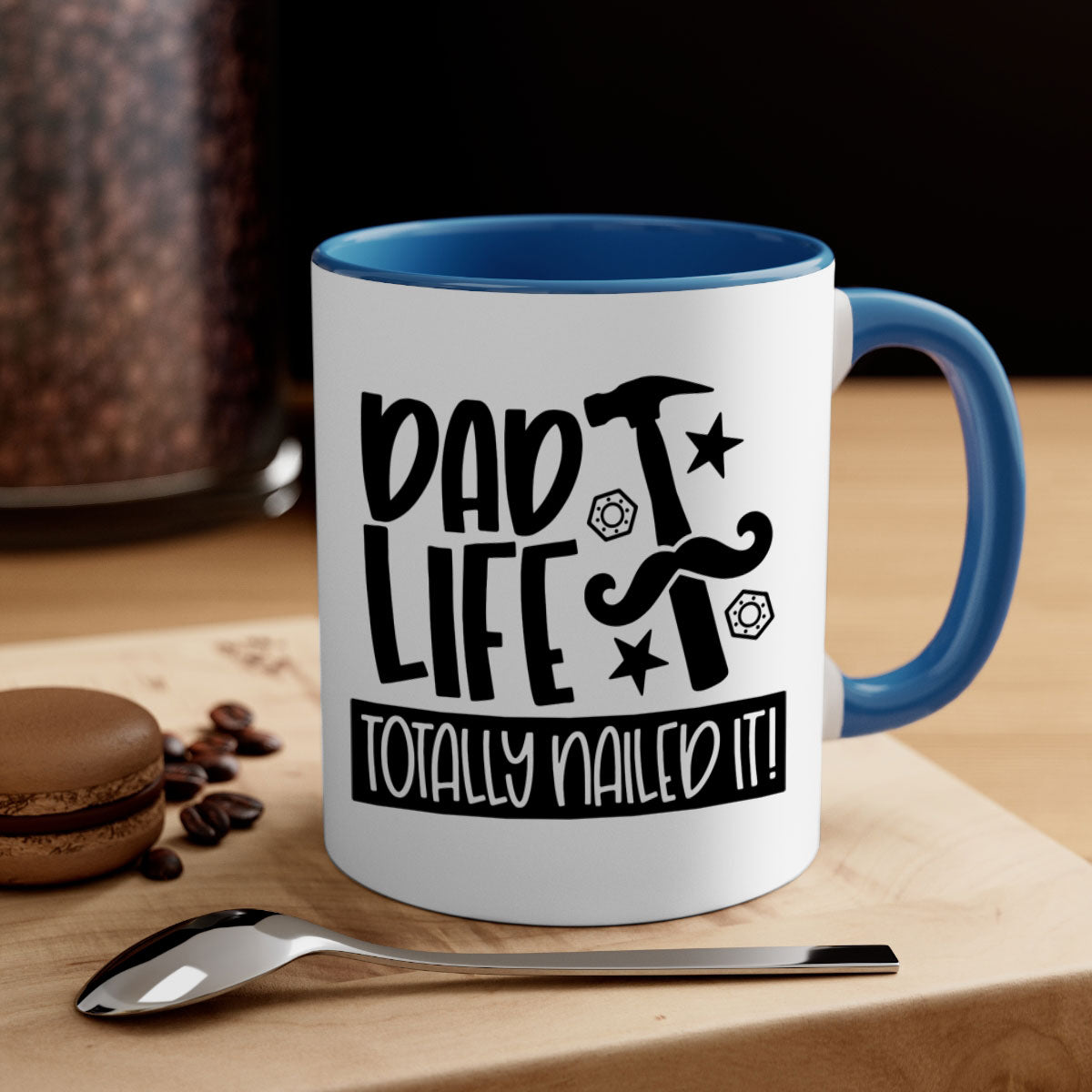 A stylish two-tone ceramic mug with a glossy finish, featuring the phrase 'Dad Life Totally Nailed It' in vibrant colors, perfect for coffee or tea.