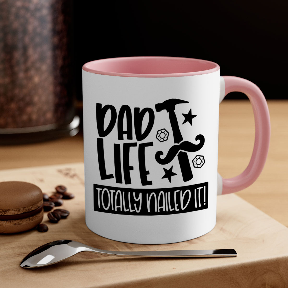 A stylish two-tone ceramic mug with a glossy finish, featuring the phrase 'Dad Life Totally Nailed It' in vibrant colors, perfect for coffee or tea.