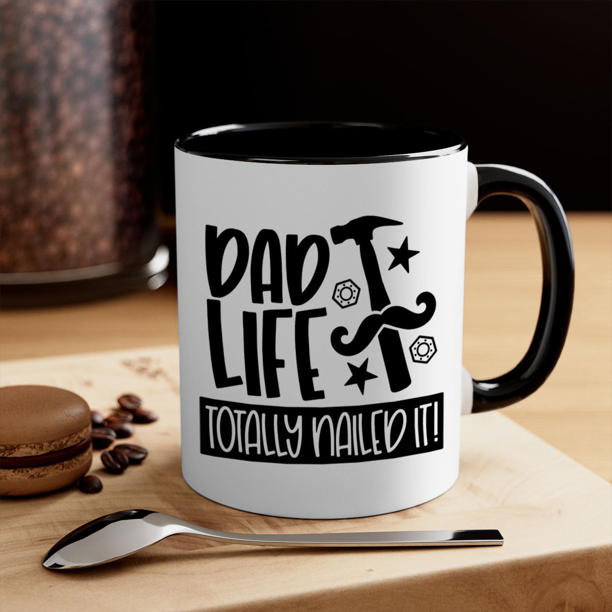 A stylish two-tone ceramic mug with a glossy finish, featuring the phrase 'Dad Life Totally Nailed It' in vibrant colors, perfect for coffee or tea.