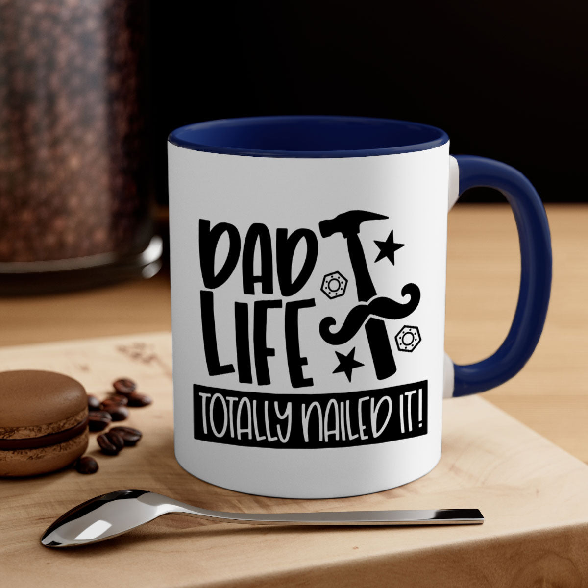 A stylish two-tone ceramic mug with a glossy finish, featuring the phrase 'Dad Life Totally Nailed It' in vibrant colors, perfect for coffee or tea.