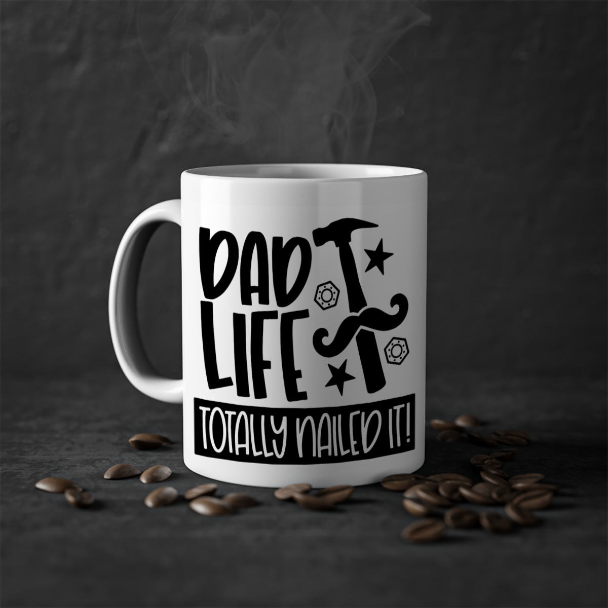 A stylish two-tone ceramic mug with a glossy finish, featuring the phrase 'Dad Life Totally Nailed It' in vibrant colors, perfect for coffee or tea.