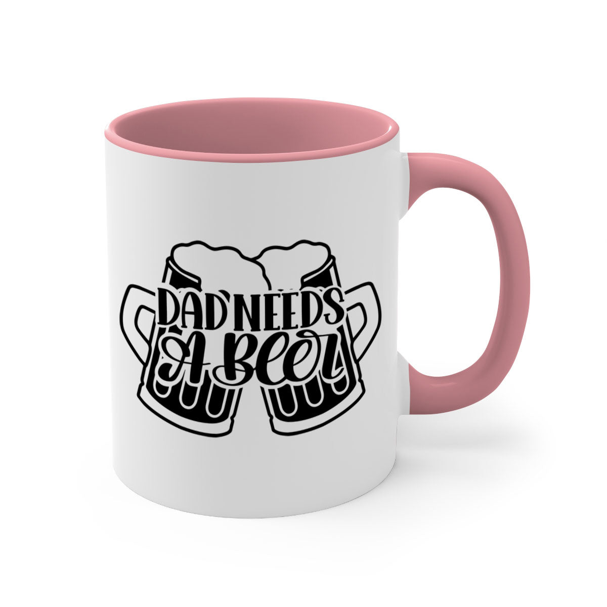 A stylish Dad Needs a Beer Mug featuring a glossy finish, colored handle, and interior, available in five vibrant colors.