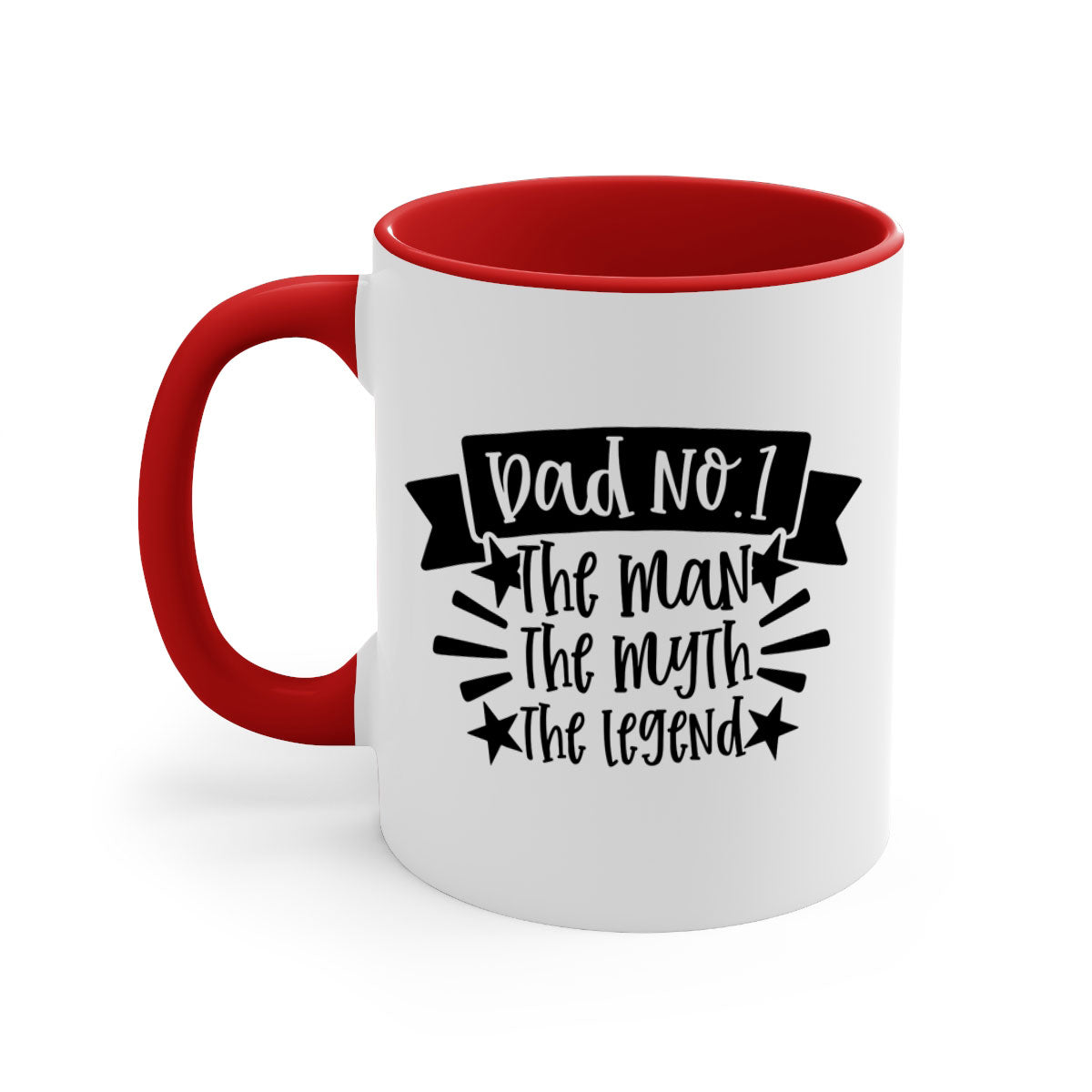 Ceramic coffee mug with 'Dad No The Man The Myth The Legend' design, featuring a colored handle and glossy finish.
