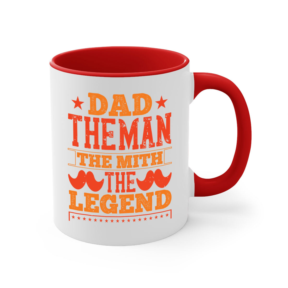 Ceramic coffee mug featuring 'Dad the Man the Myth the Legend' design with a glossy finish and colored handle.