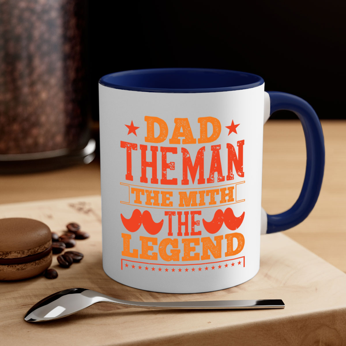 Ceramic coffee mug featuring 'Dad the Man the Myth the Legend' design with a glossy finish and colored handle.
